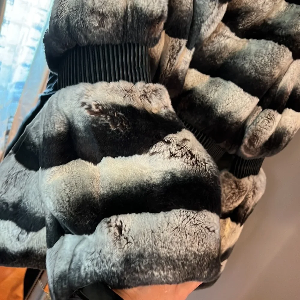 NWT Rex chinchilla coat with a hood )faux leather waist and sleeves) - Picture 2 of 8